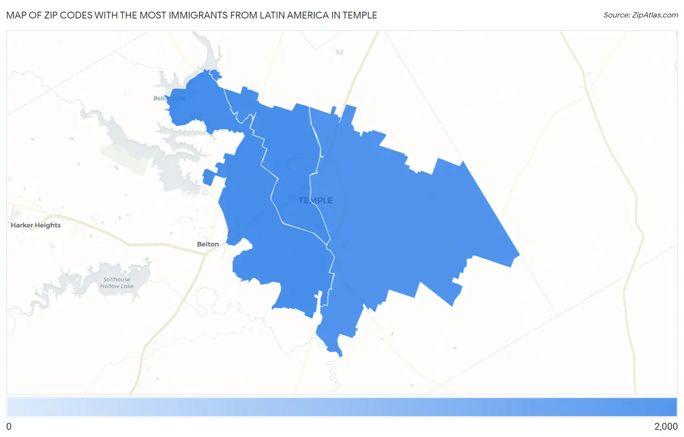 Zip Codes with the Most Immigrants from Latin America in Temple Map