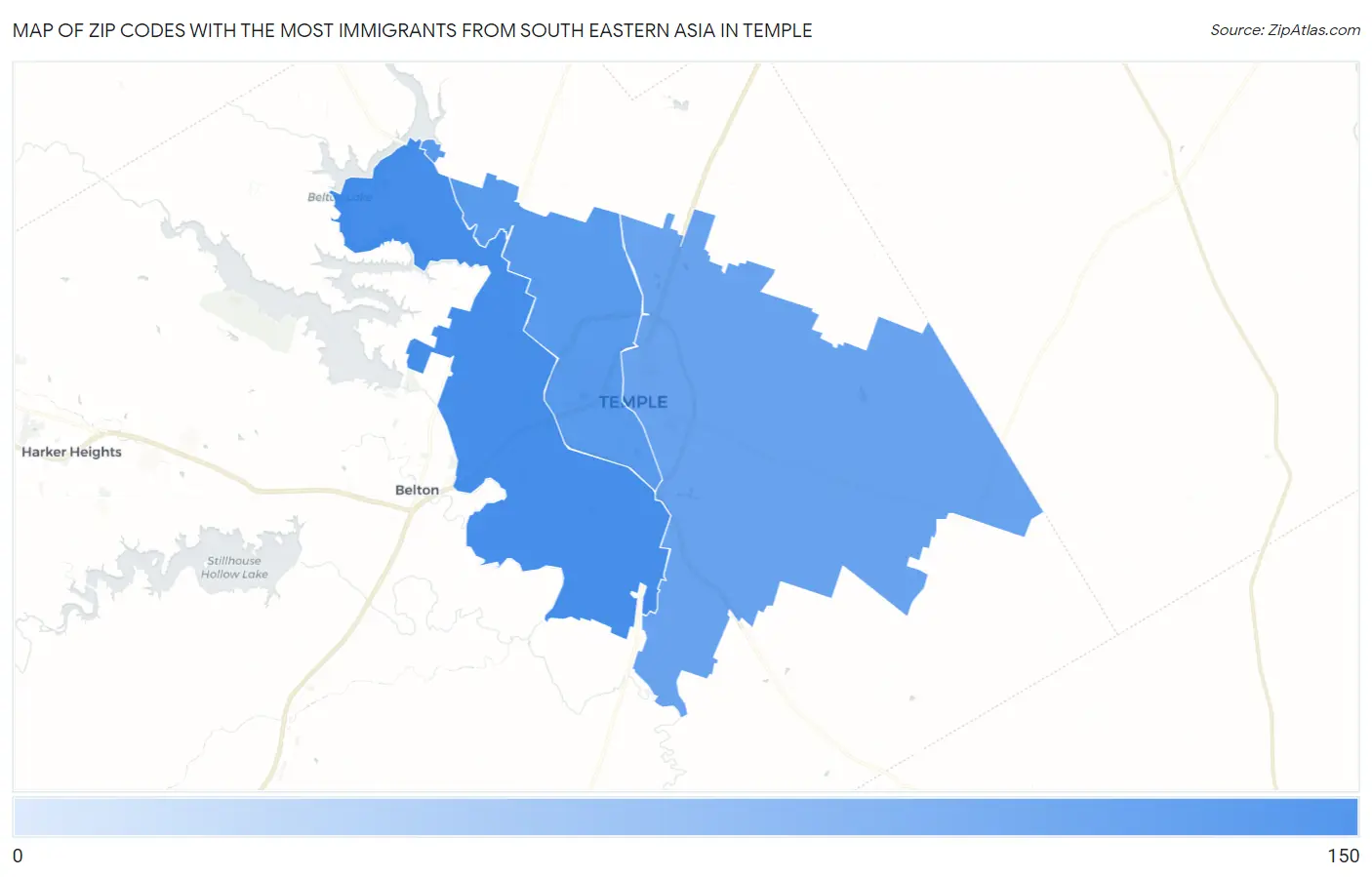 Zip Codes with the Most Immigrants from South Eastern Asia in Temple Map