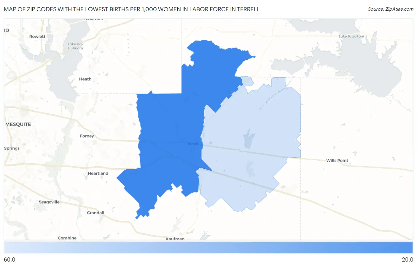 Zip Codes with the Lowest Births per 1,000 Women in Labor Force in Terrell Map