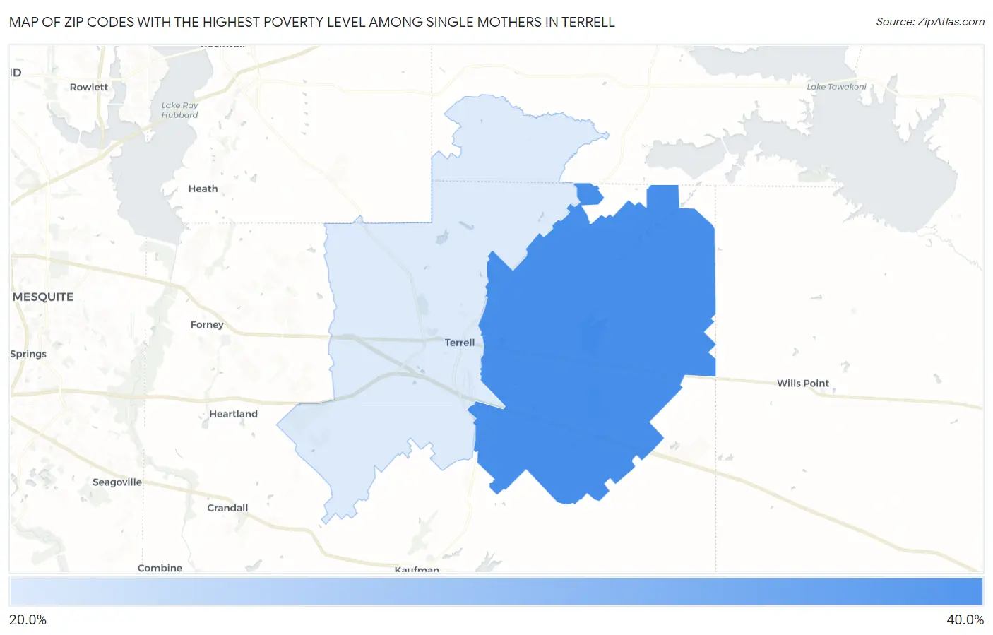 Zip Codes with the Highest Poverty Level Among Single Mothers in Terrell Map