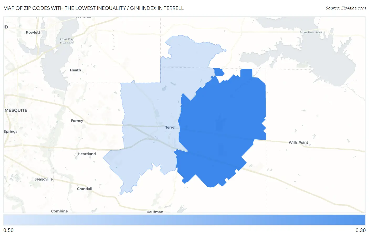 Zip Codes with the Lowest Inequality / Gini Index in Terrell Map