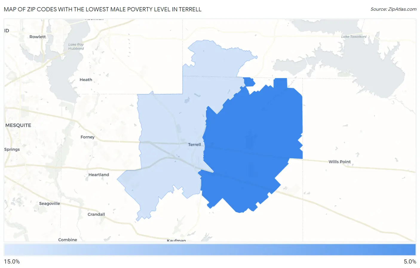 Zip Codes with the Lowest Male Poverty Level in Terrell Map