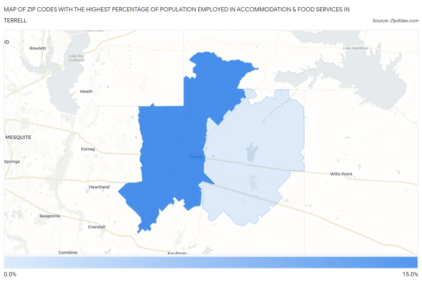Zip Codes with the Highest Percentage of Population Employed in Accommodation & Food Services in Terrell Map