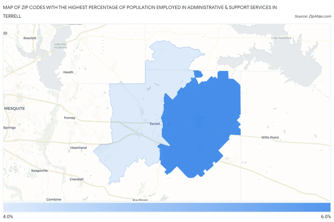 Zip Codes with the Highest Percentage of Population Employed in Administrative & Support Services in Terrell Map