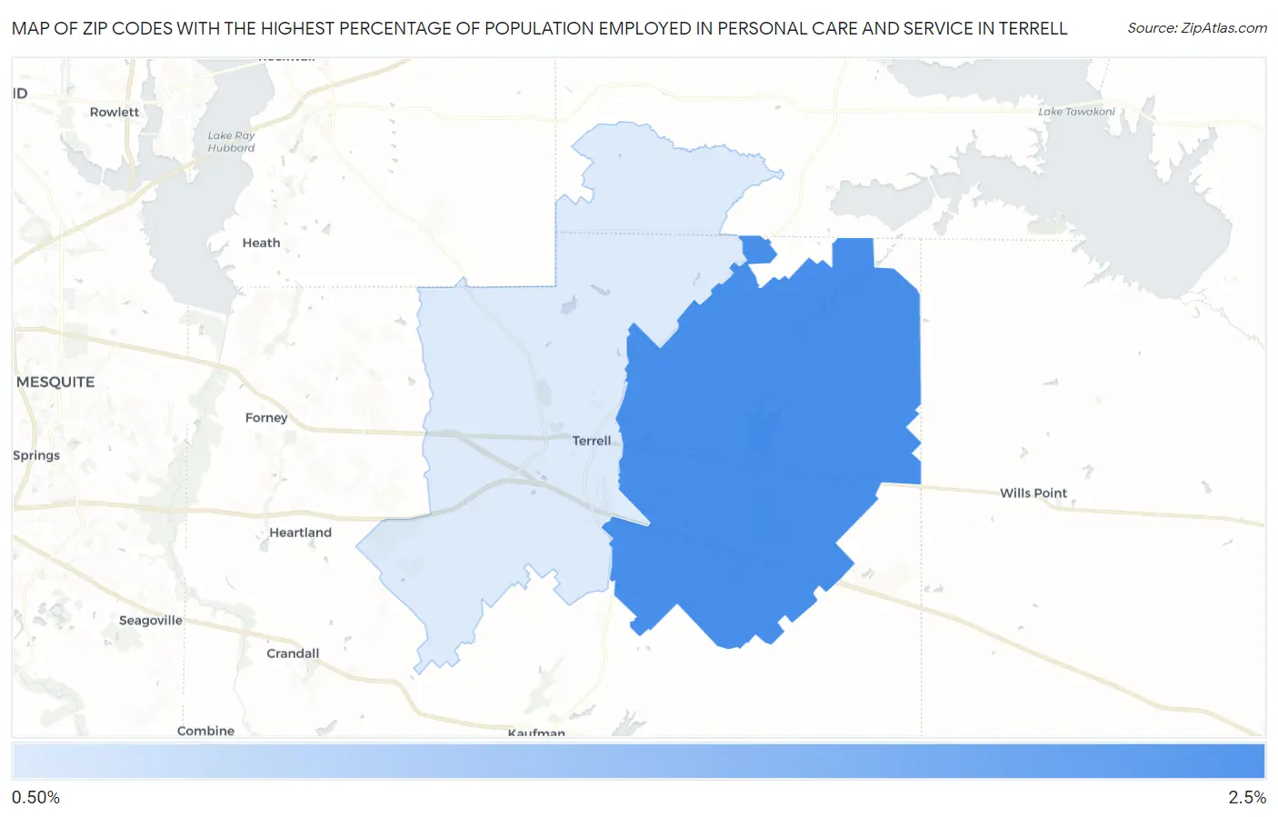 Zip Codes with the Highest Percentage of Population Employed in Personal Care and Service in Terrell Map