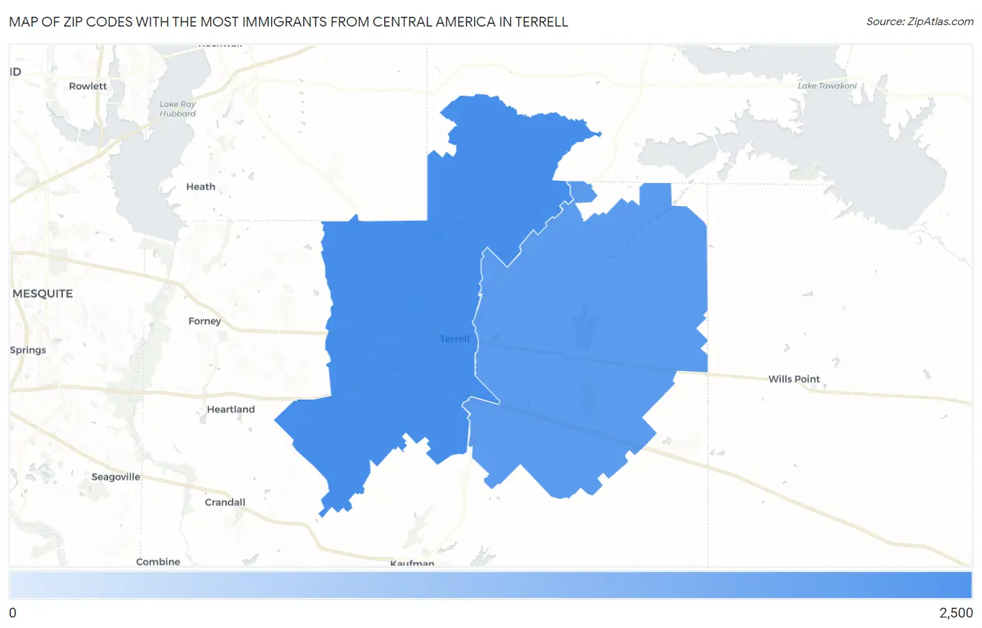 Zip Codes with the Most Immigrants from Central America in Terrell Map