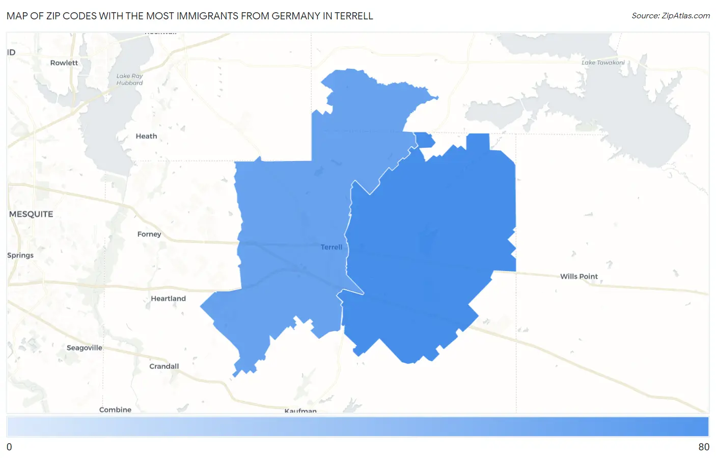 Zip Codes with the Most Immigrants from Germany in Terrell Map