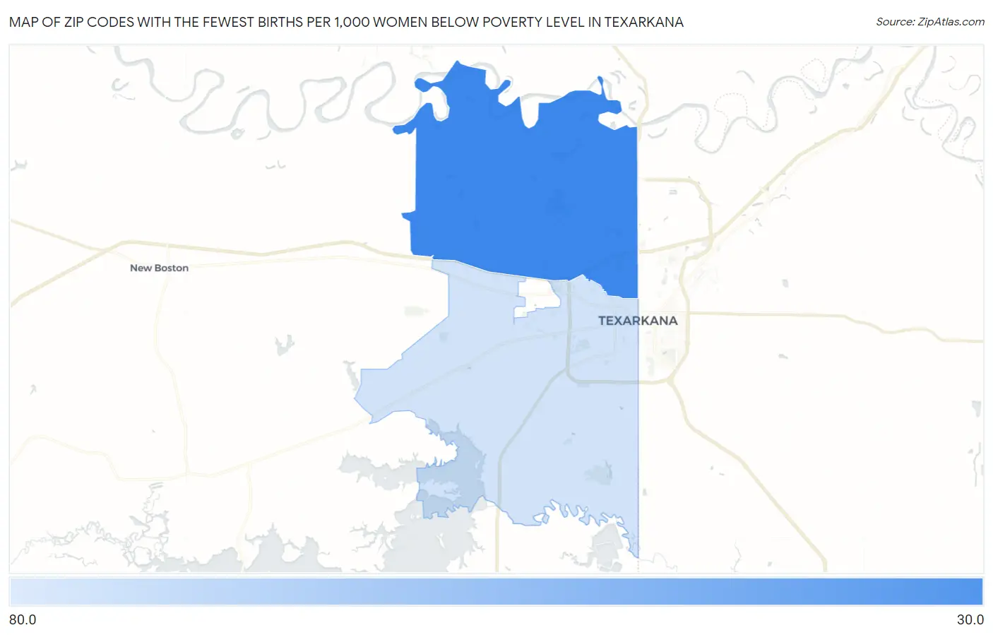 Zip Codes with the Fewest Births per 1,000 Women Below Poverty Level in Texarkana Map