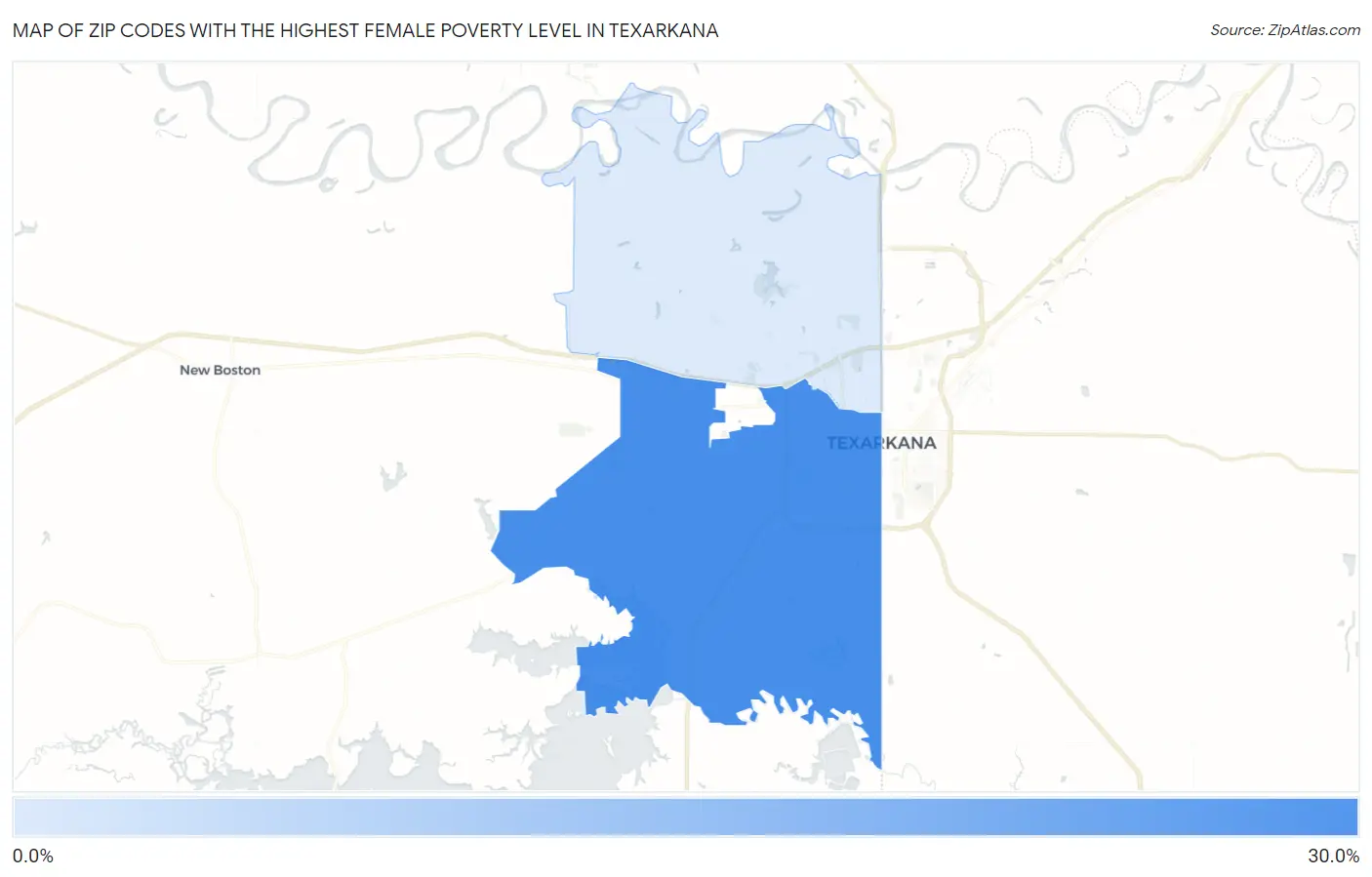 Zip Codes with the Highest Female Poverty Level in Texarkana Map