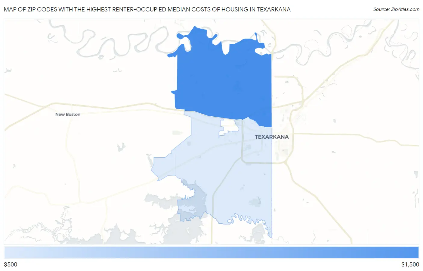 Zip Codes with the Highest Renter-Occupied Median Costs of Housing in Texarkana Map
