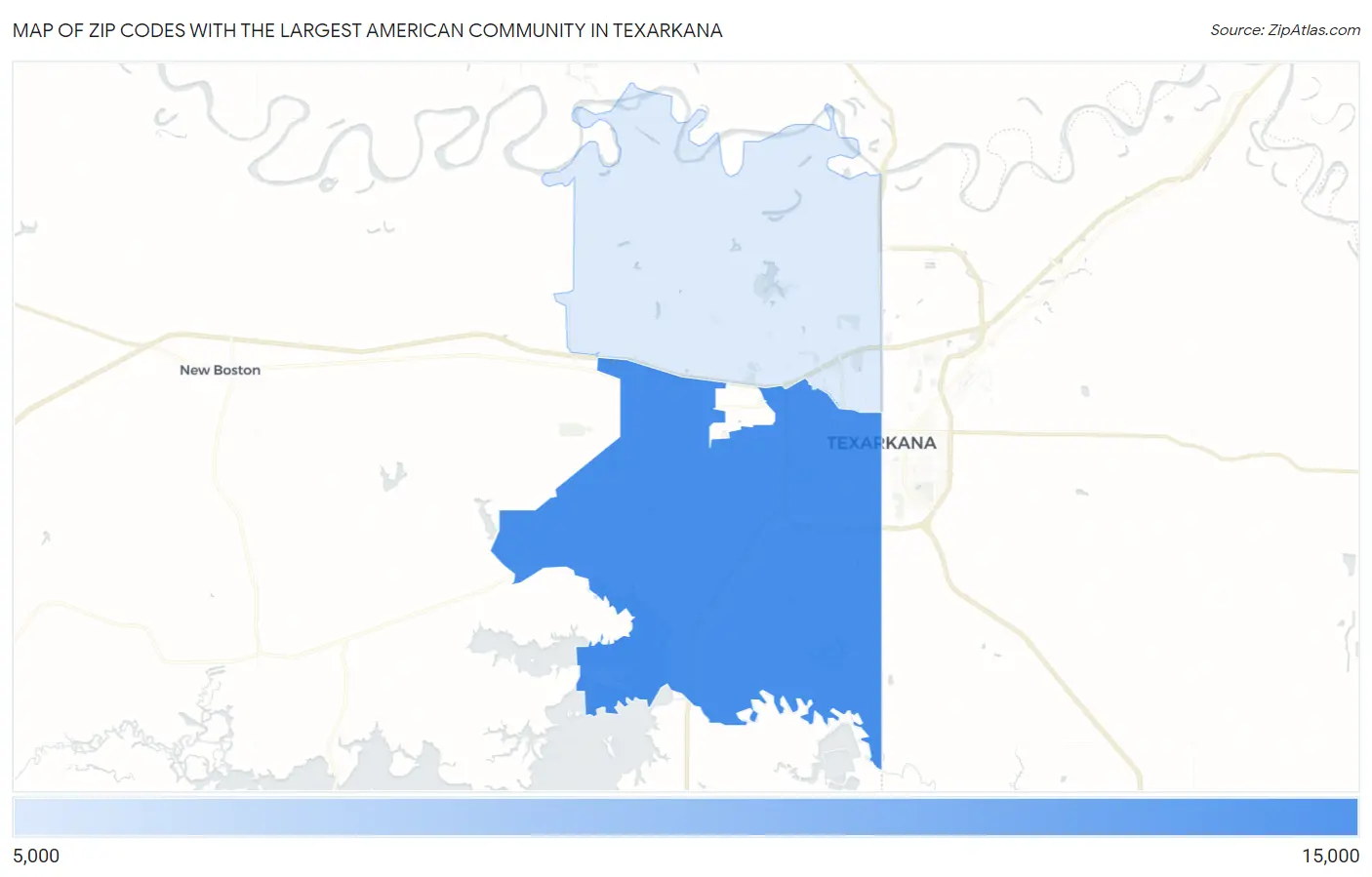 Zip Codes with the Largest American Community in Texarkana Map