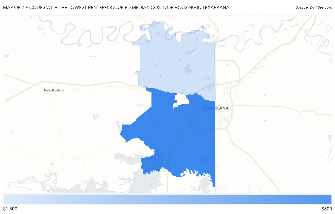 Zip Codes with the Lowest Renter-Occupied Median Costs of Housing in Texarkana Map