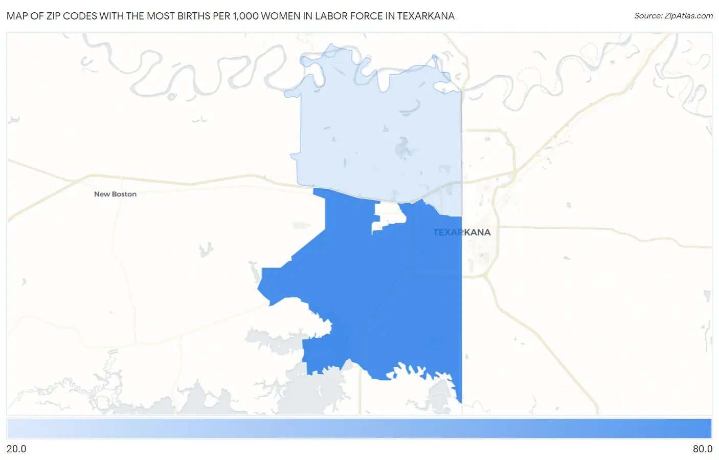 Zip Codes with the Most Births per 1,000 Women in Labor Force in Texarkana Map