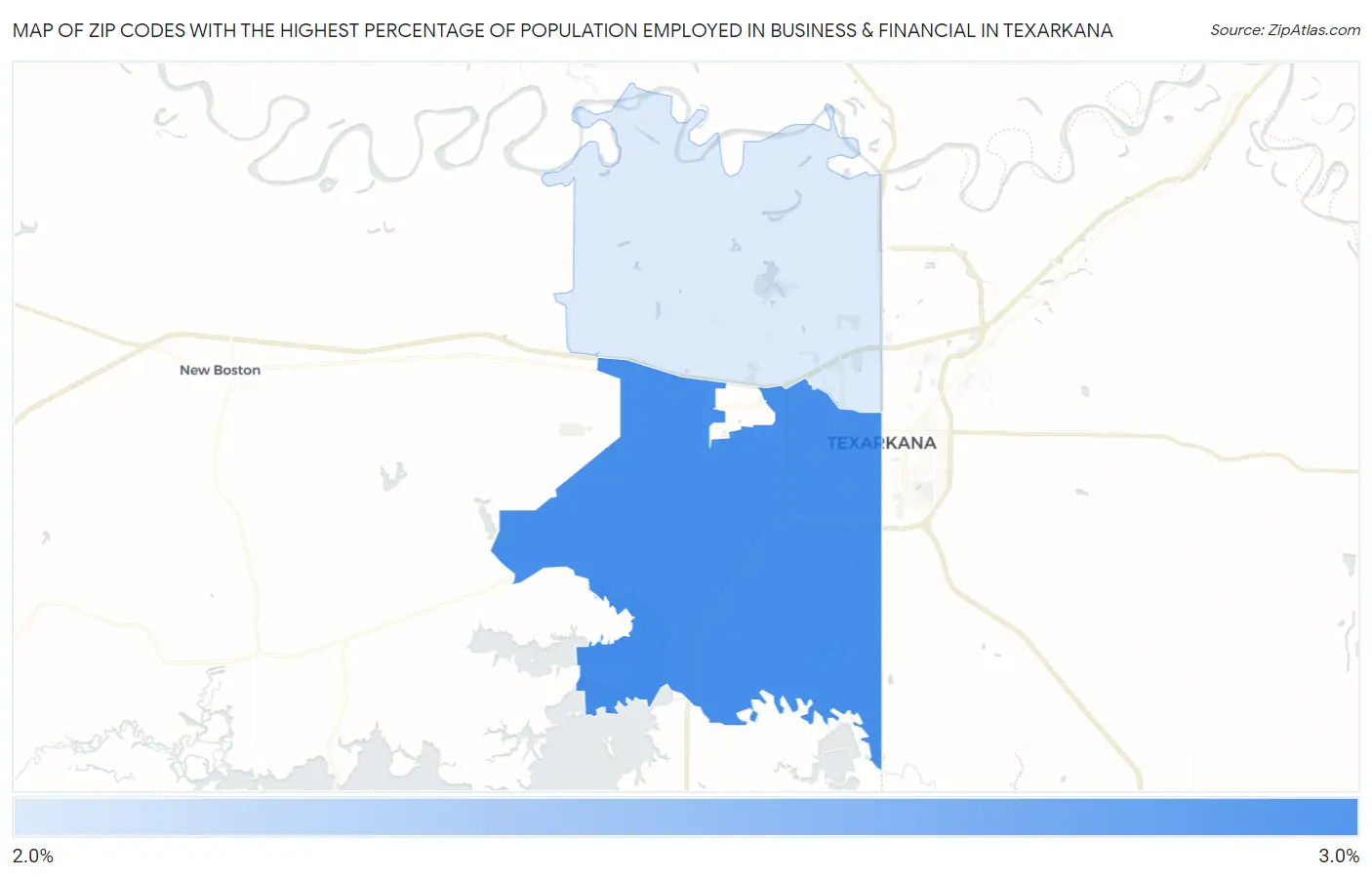 Zip Codes with the Highest Percentage of Population Employed in Business & Financial in Texarkana Map