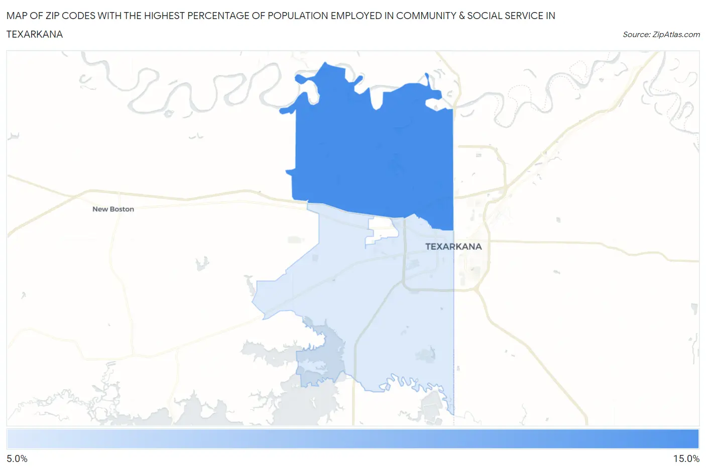 Zip Codes with the Highest Percentage of Population Employed in Community & Social Service  in Texarkana Map