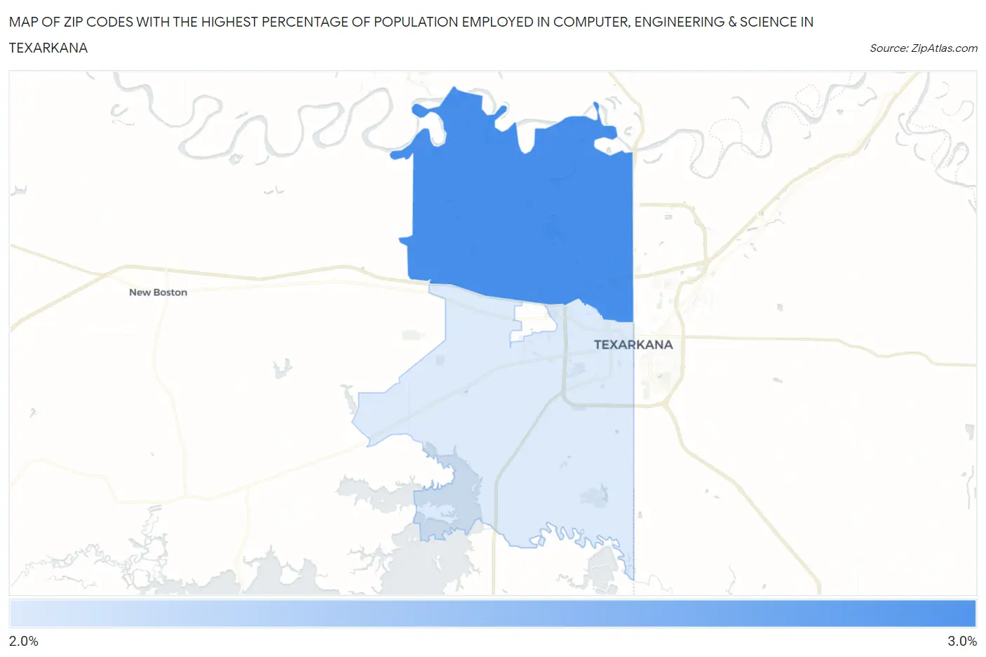 Zip Codes with the Highest Percentage of Population Employed in Computer, Engineering & Science in Texarkana Map