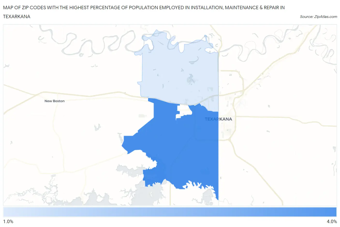 Zip Codes with the Highest Percentage of Population Employed in Installation, Maintenance & Repair in Texarkana Map