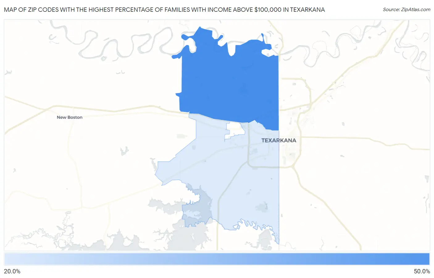 Zip Codes with the Highest Percentage of Families with Income Above $100,000 in Texarkana Map