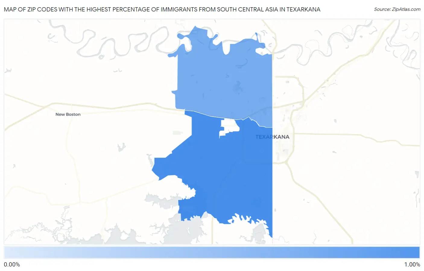 Zip Codes with the Highest Percentage of Immigrants from South Central Asia in Texarkana Map