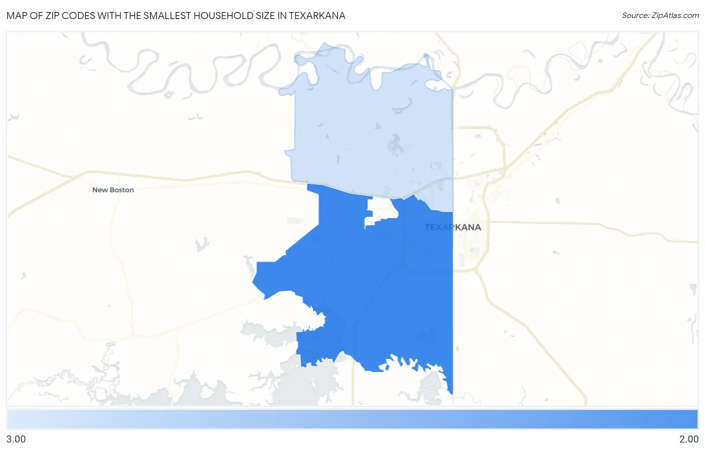 Zip Codes with the Smallest Household Size in Texarkana Map