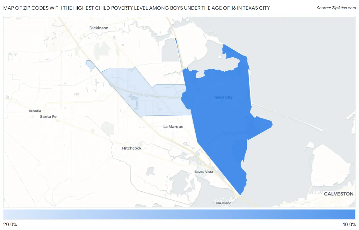 Zip Codes with the Highest Child Poverty Level Among Boys Under the Age of 16 in Texas City Map