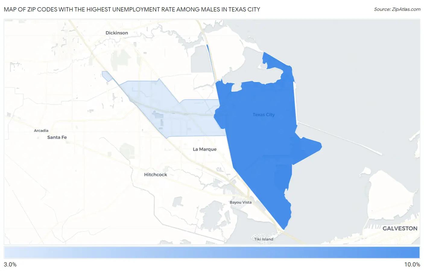 Zip Codes with the Highest Unemployment Rate Among Males in Texas City Map