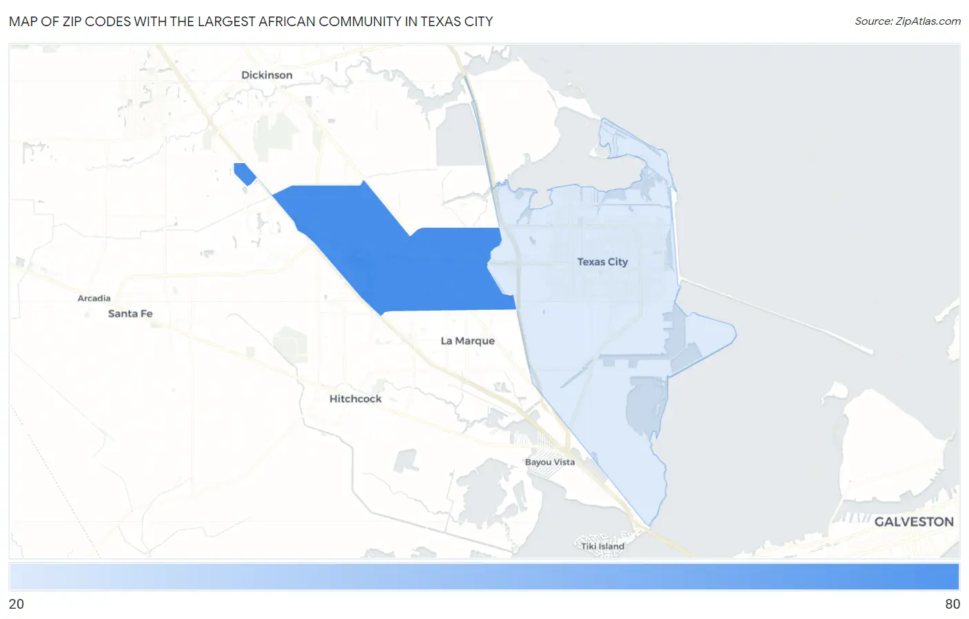 Zip Codes with the Largest African Community in Texas City Map