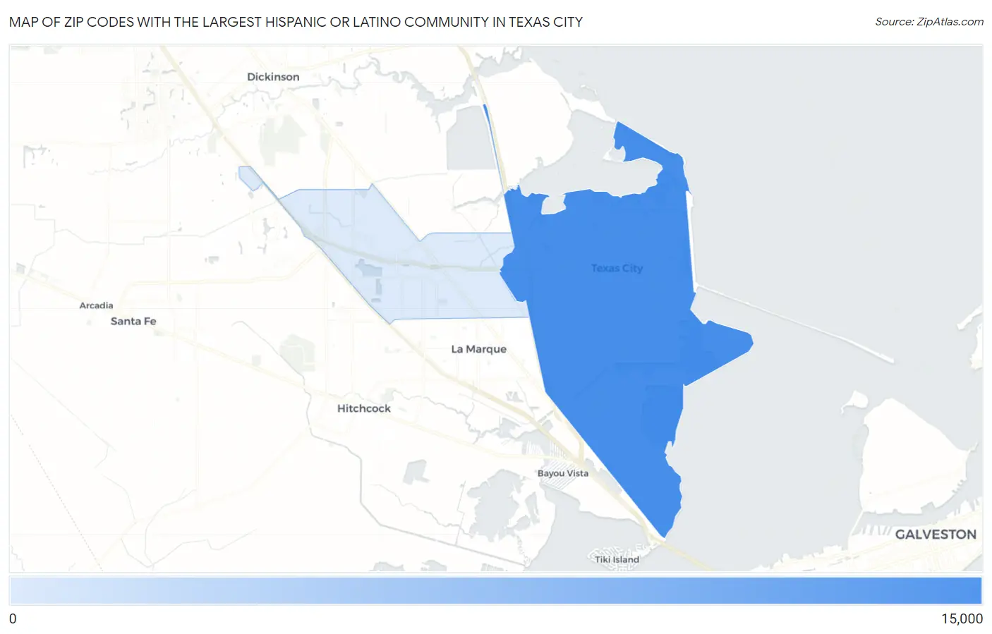 Zip Codes with the Largest Hispanic or Latino Community in Texas City Map
