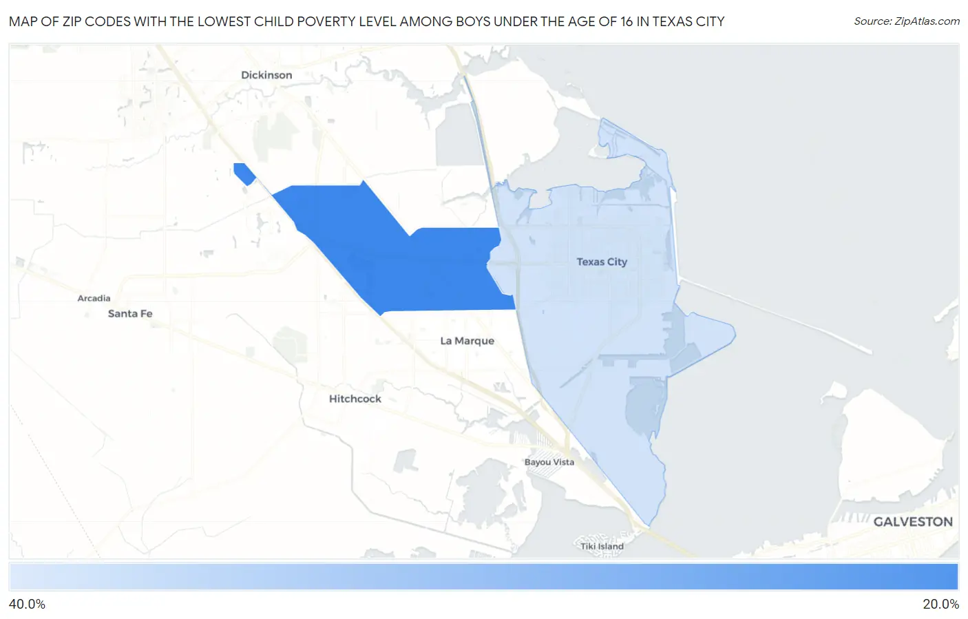 Zip Codes with the Lowest Child Poverty Level Among Boys Under the Age of 16 in Texas City Map