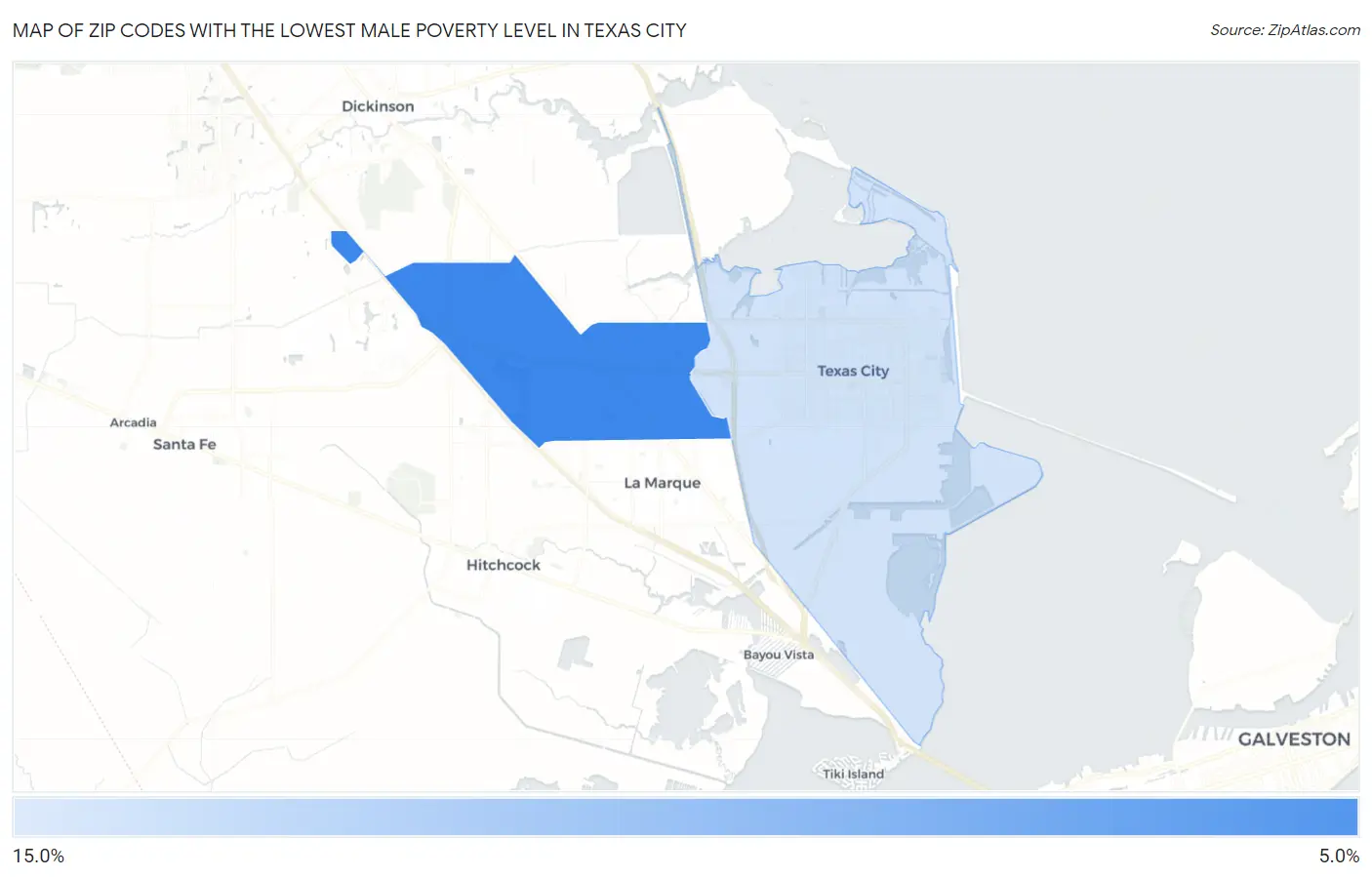 Zip Codes with the Lowest Male Poverty Level in Texas City Map