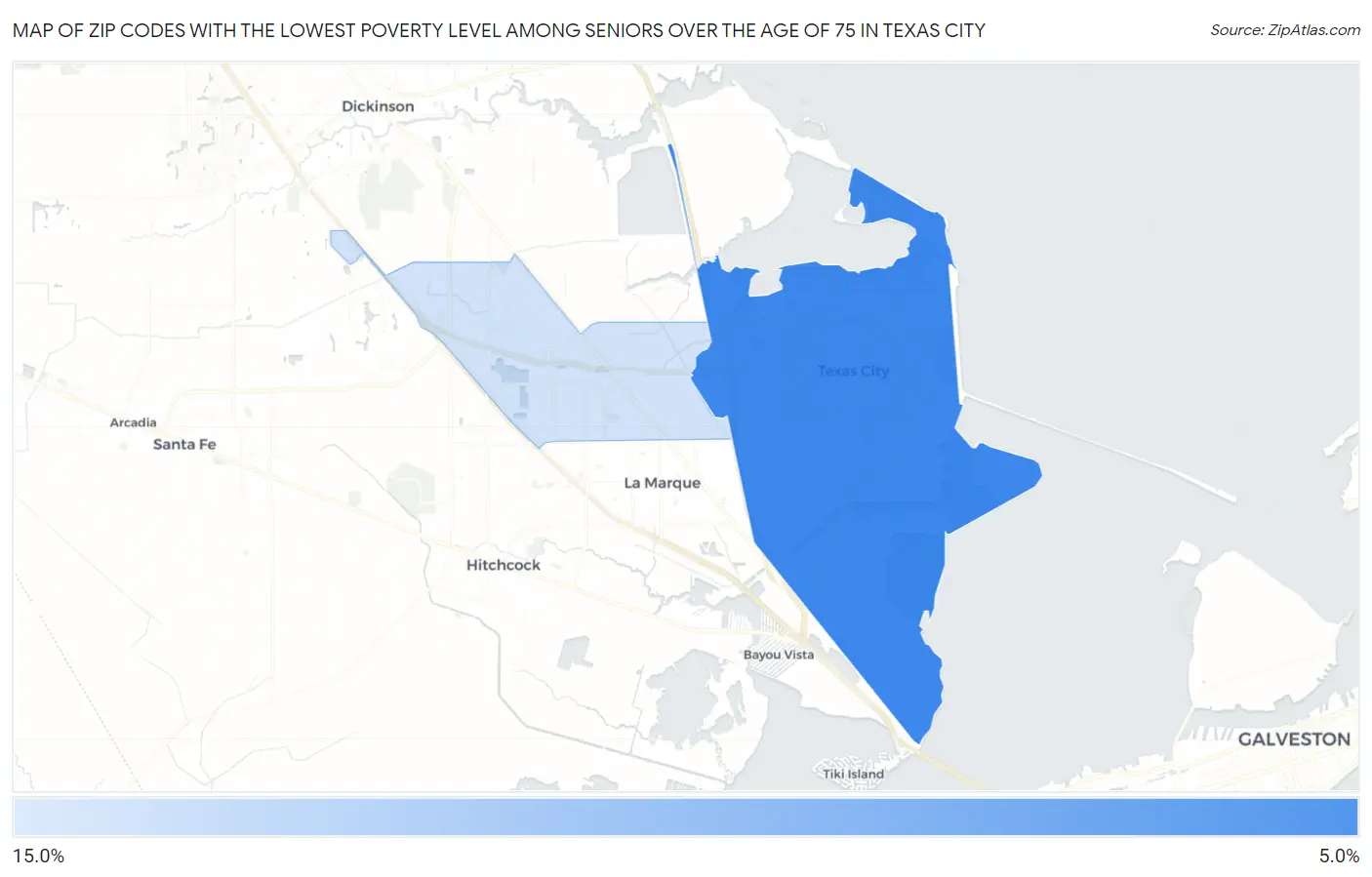 Zip Codes with the Lowest Poverty Level Among Seniors Over the Age of 75 in Texas City Map