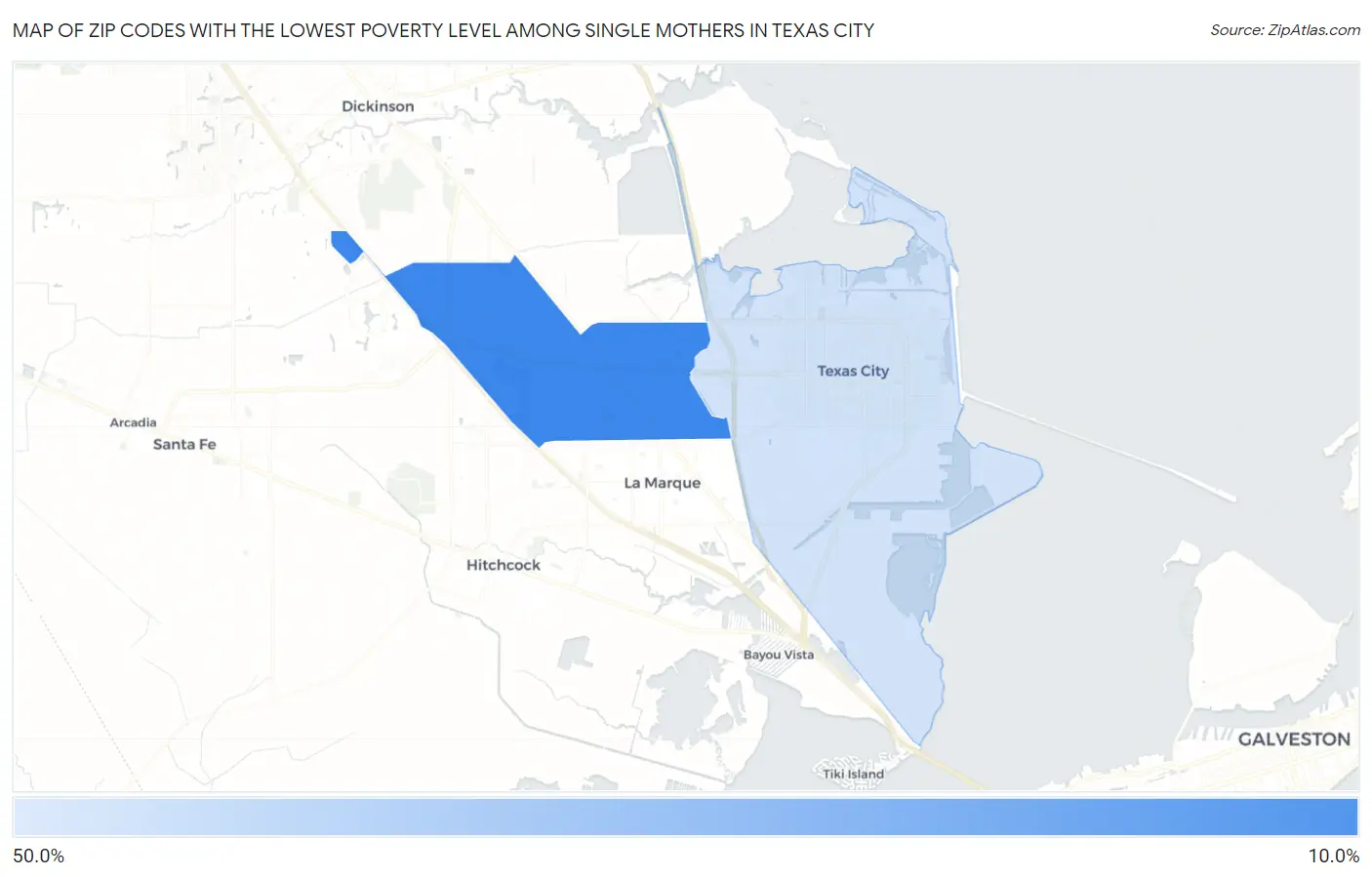 Zip Codes with the Lowest Poverty Level Among Single Mothers in Texas City Map