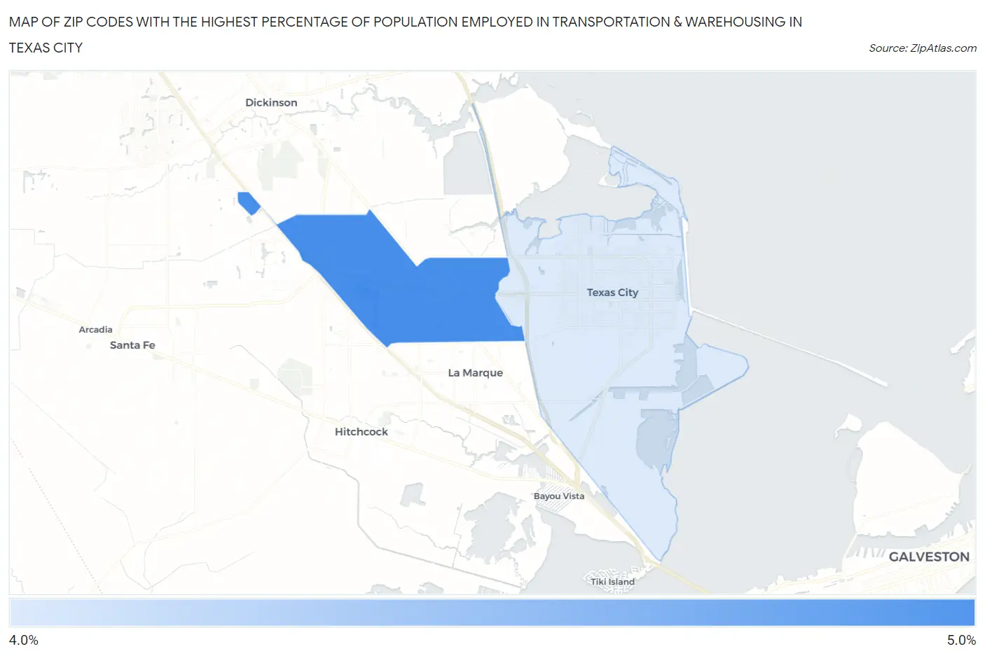 Zip Codes with the Highest Percentage of Population Employed in Transportation & Warehousing in Texas City Map