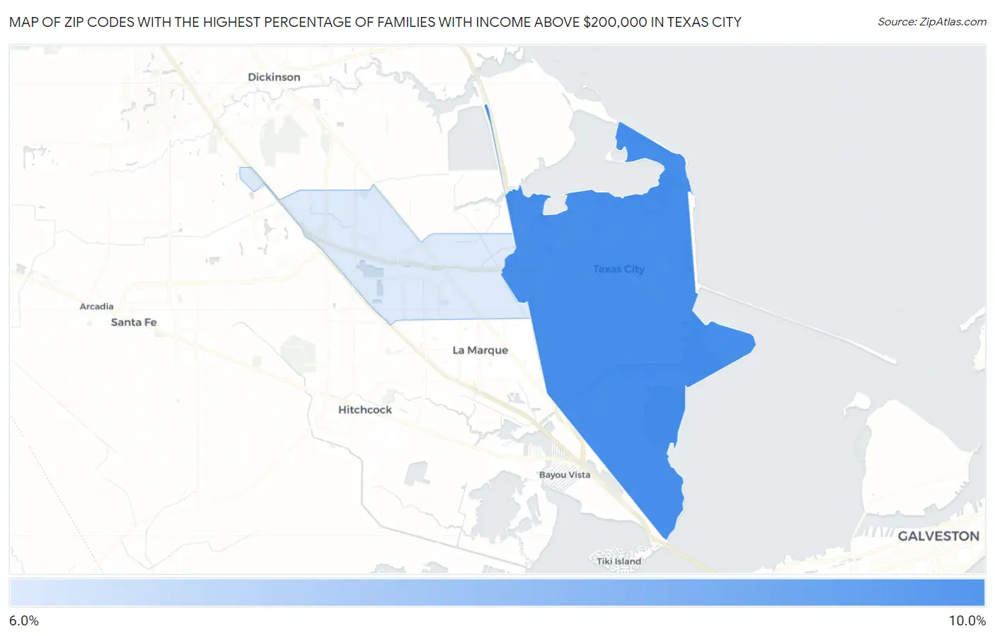 Zip Codes with the Highest Percentage of Families with Income Above $200,000 in Texas City Map