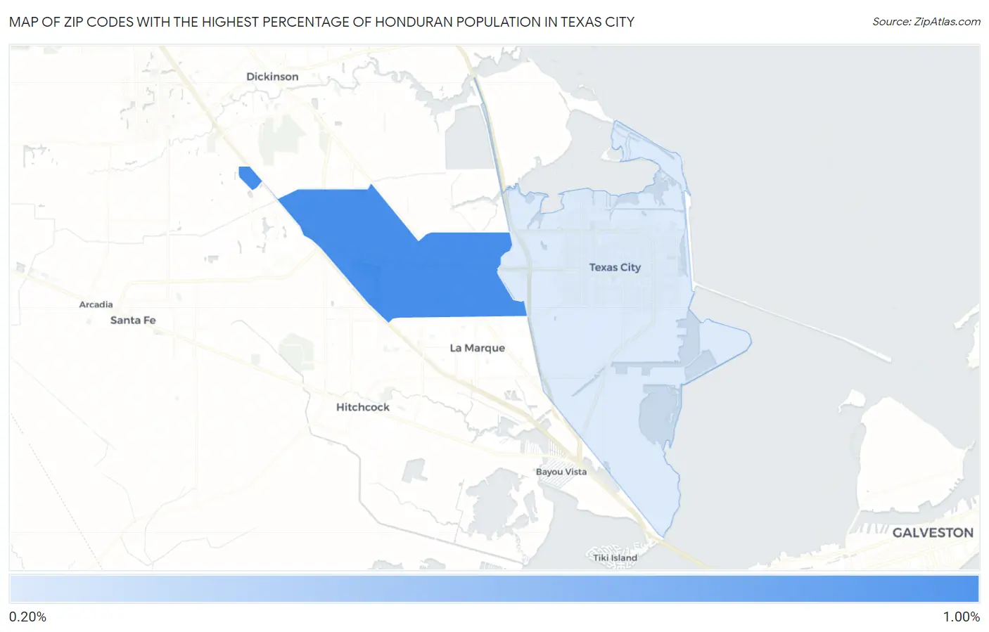 Zip Codes with the Highest Percentage of Honduran Population in Texas City Map