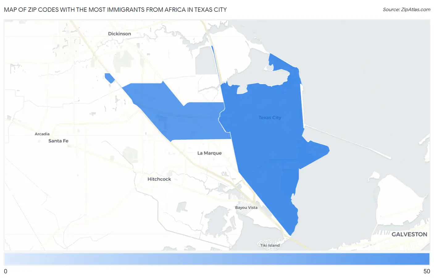 Zip Codes with the Most Immigrants from Africa in Texas City Map
