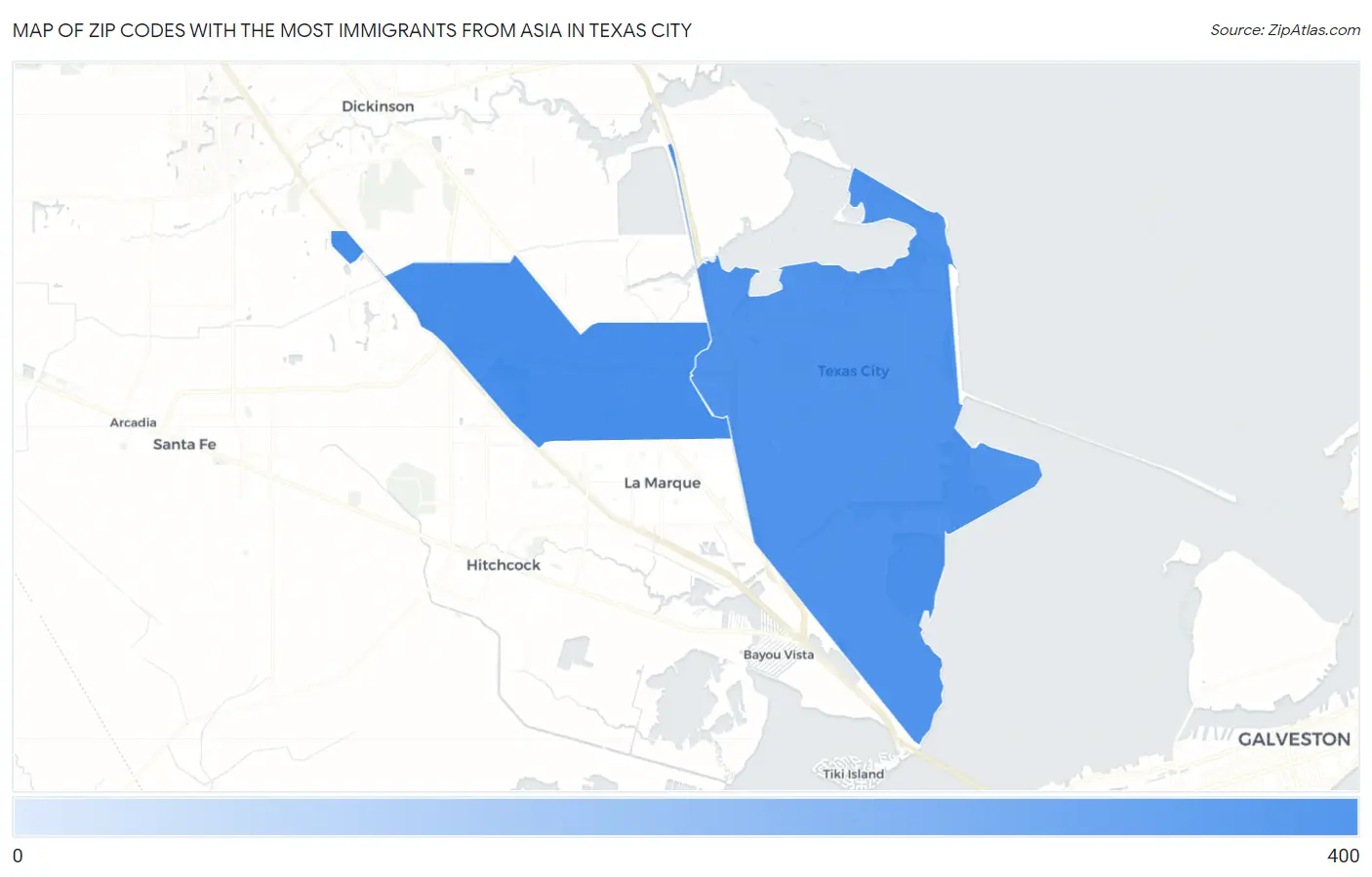 Zip Codes with the Most Immigrants from Asia in Texas City Map