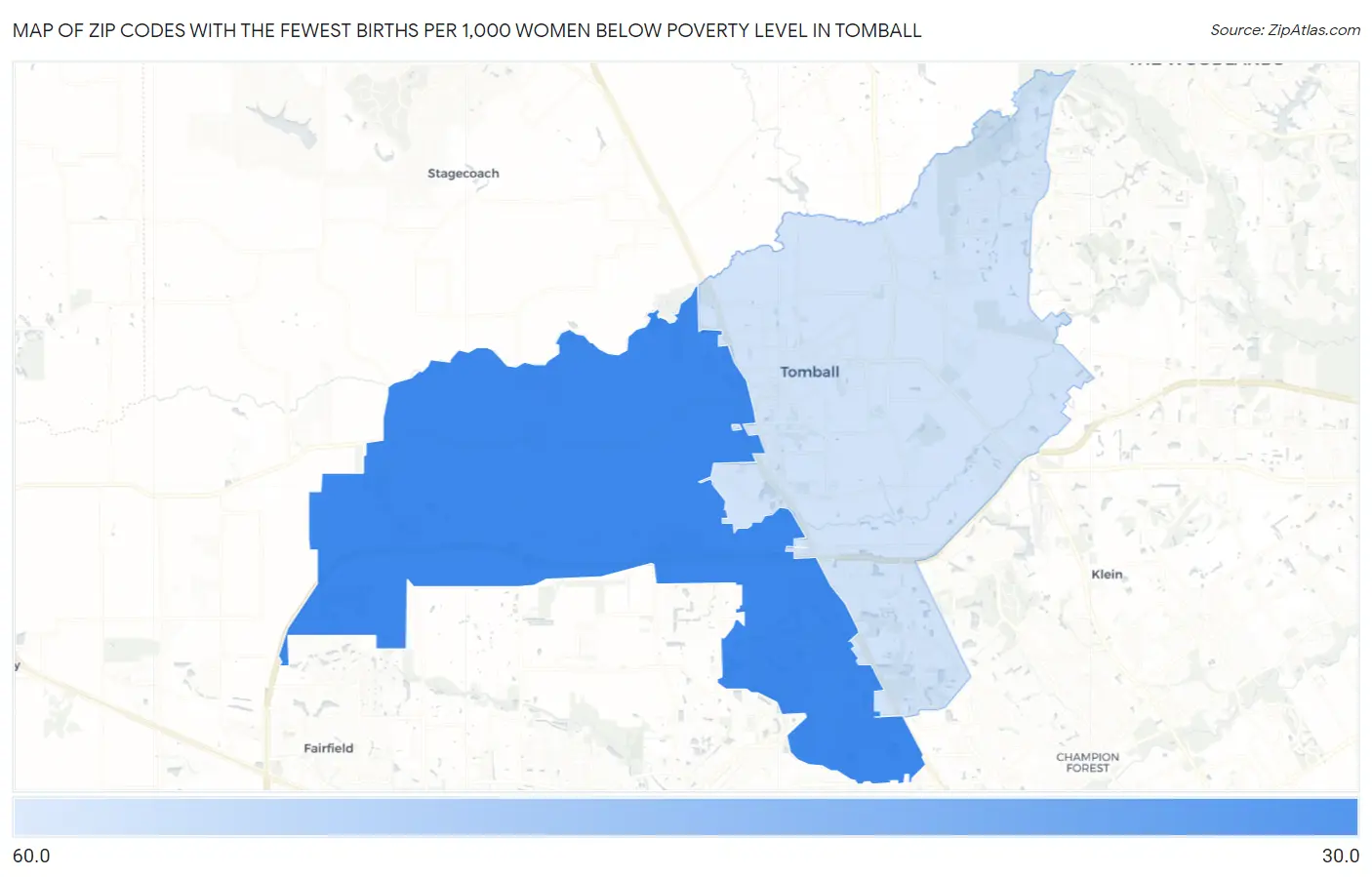 Zip Codes with the Fewest Births per 1,000 Women Below Poverty Level in Tomball Map