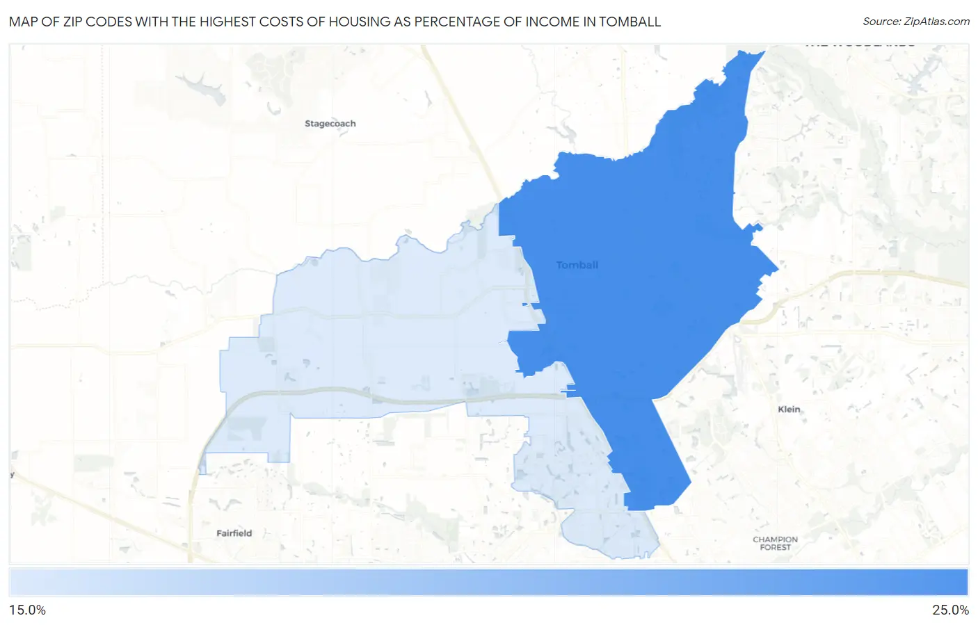 Zip Codes with the Highest Costs of Housing as Percentage of Income in Tomball Map