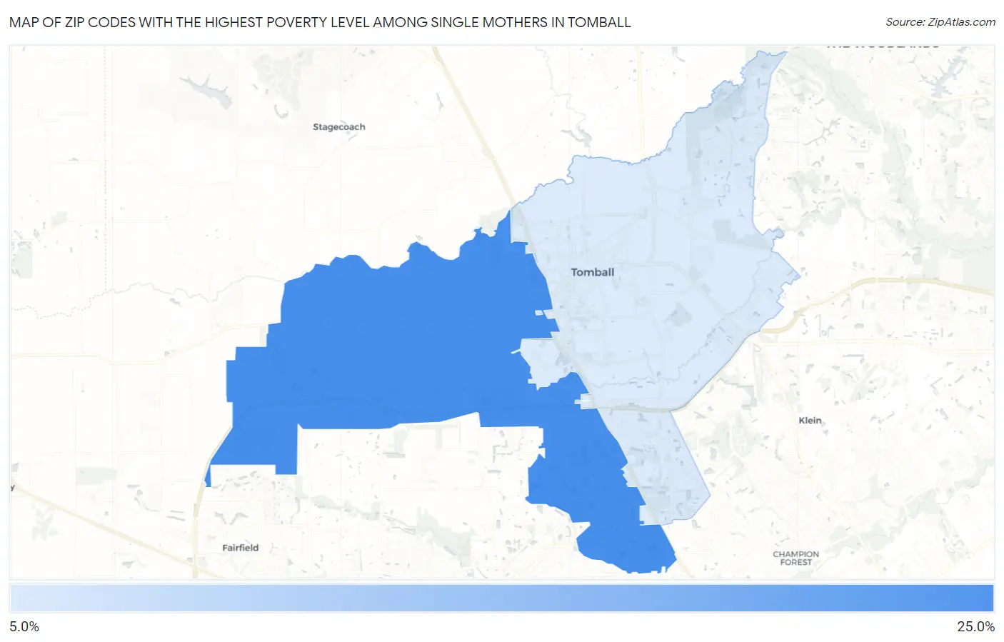 Zip Codes with the Highest Poverty Level Among Single Mothers in Tomball Map