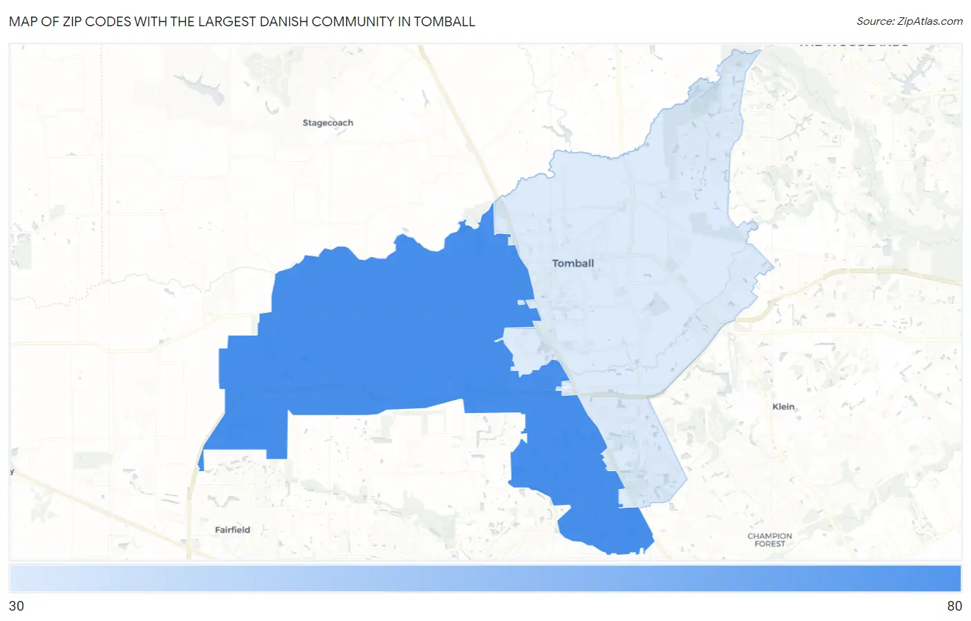 Zip Codes with the Largest Danish Community in Tomball Map