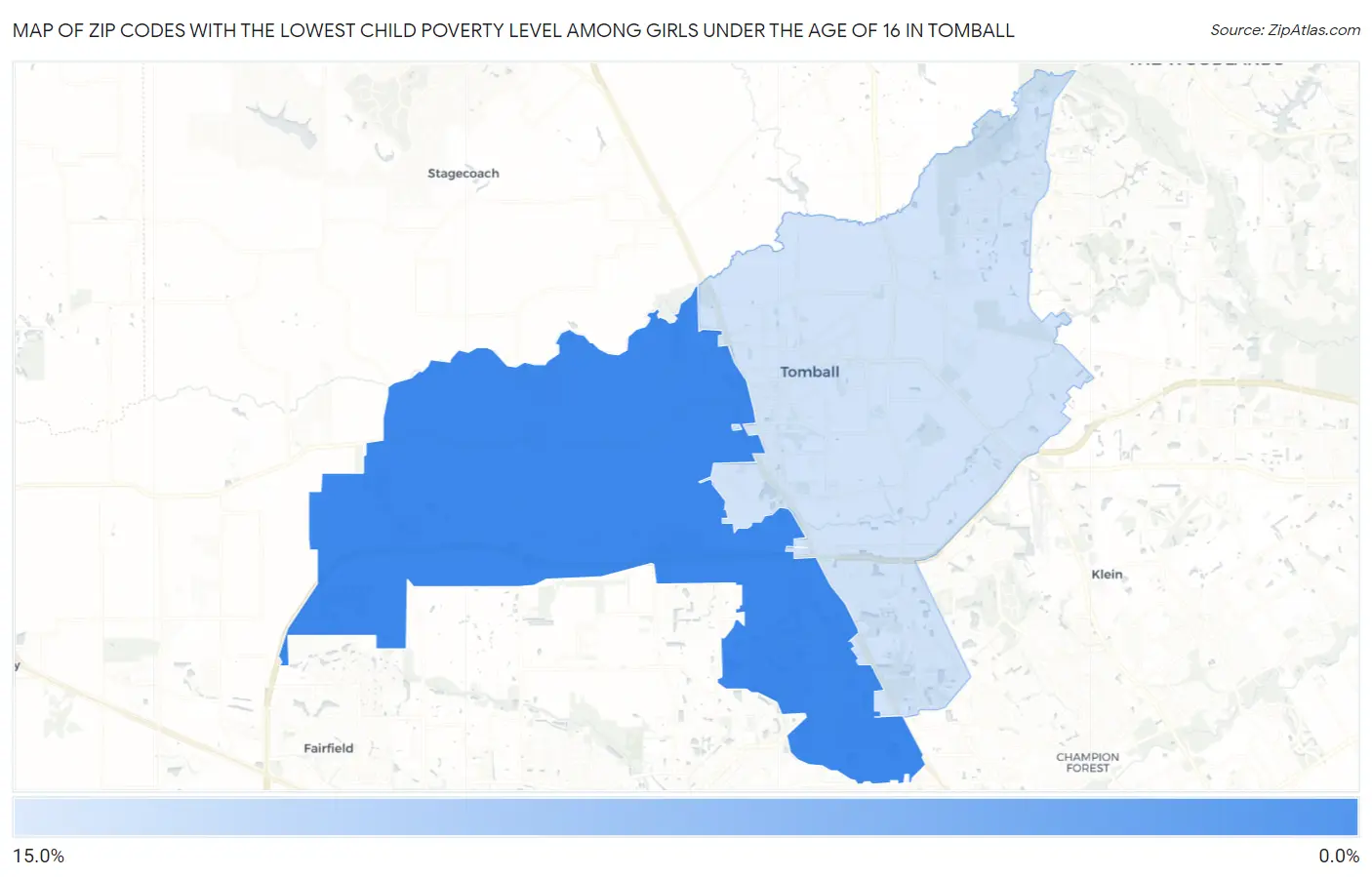 Zip Codes with the Lowest Child Poverty Level Among Girls Under the Age of 16 in Tomball Map