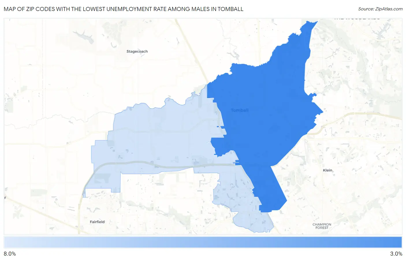 Zip Codes with the Lowest Unemployment Rate Among Males in Tomball Map