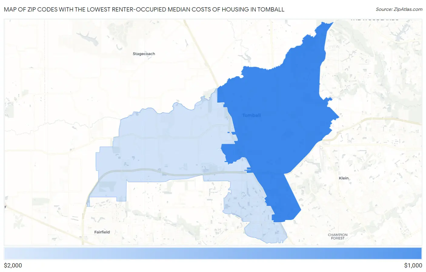 Zip Codes with the Lowest Renter-Occupied Median Costs of Housing in Tomball Map