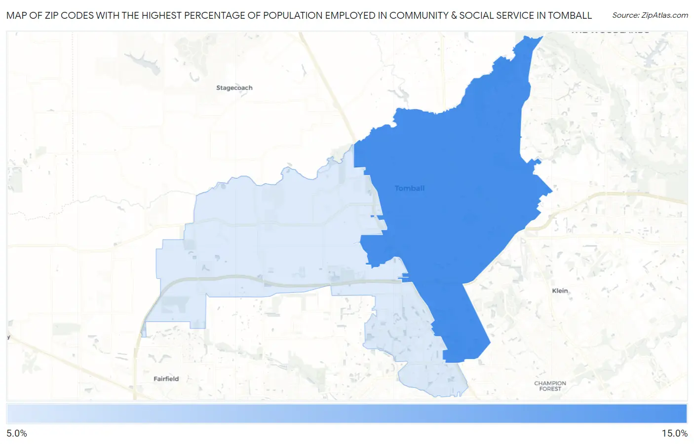 Zip Codes with the Highest Percentage of Population Employed in Community & Social Service  in Tomball Map