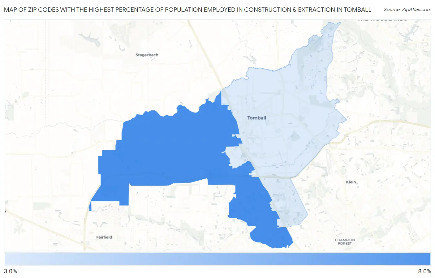 Zip Codes with the Highest Percentage of Population Employed in Construction & Extraction in Tomball Map