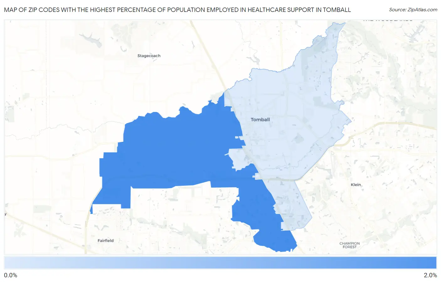 Zip Codes with the Highest Percentage of Population Employed in Healthcare Support in Tomball Map