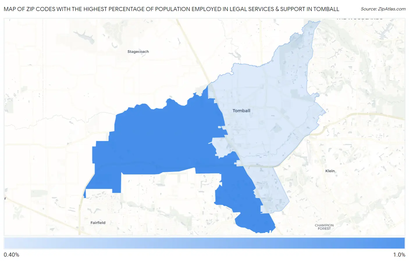 Zip Codes with the Highest Percentage of Population Employed in Legal Services & Support in Tomball Map