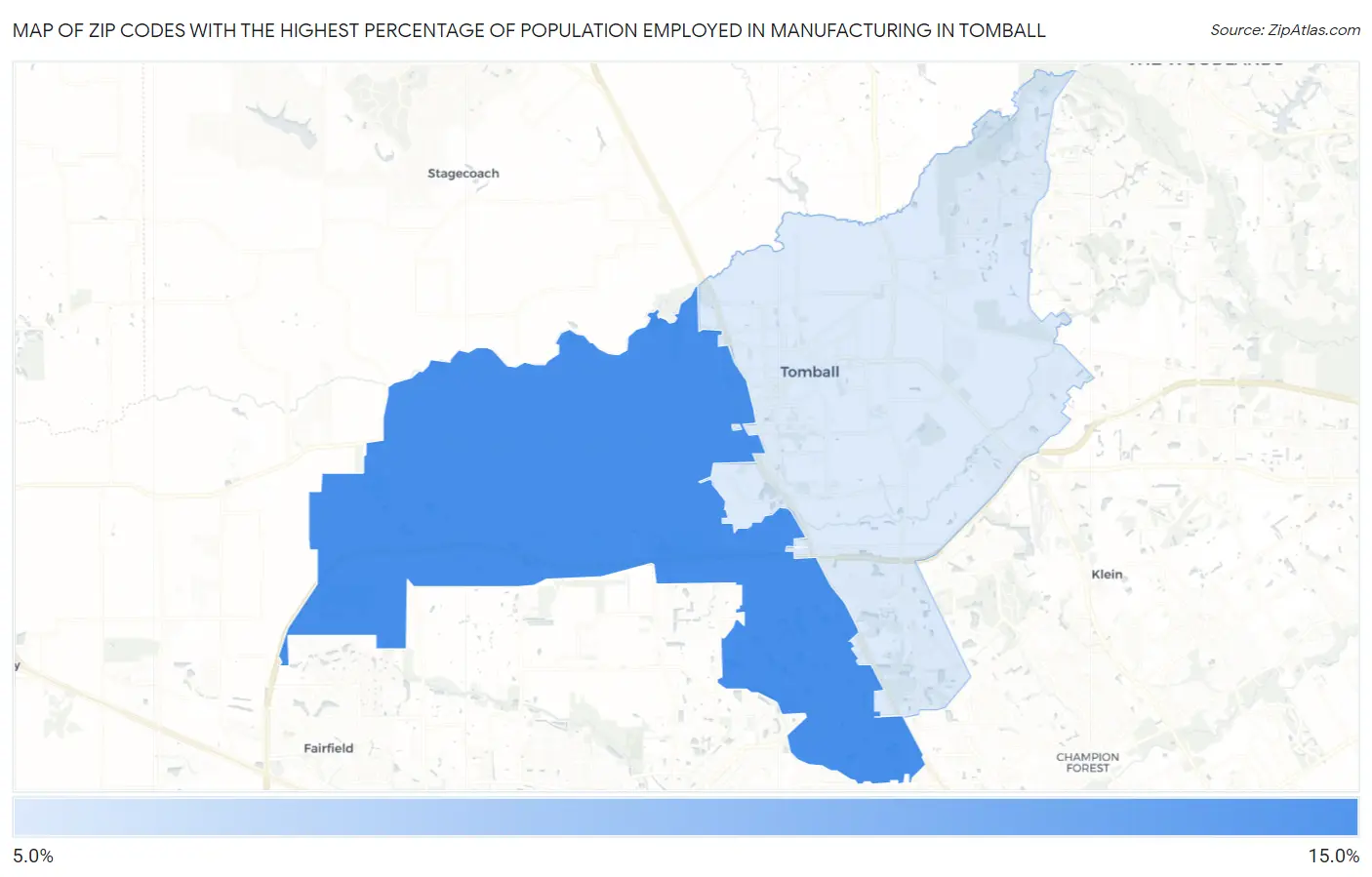 Zip Codes with the Highest Percentage of Population Employed in Manufacturing in Tomball Map