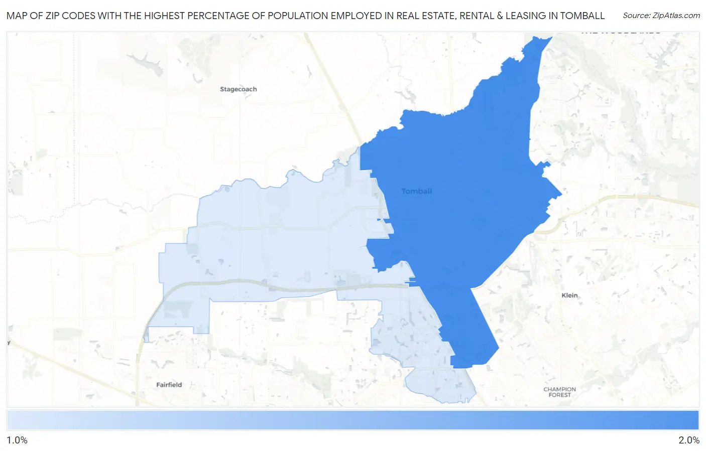 Zip Codes with the Highest Percentage of Population Employed in Real Estate, Rental & Leasing in Tomball Map